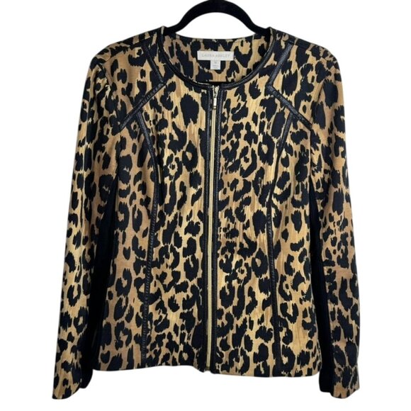 Laura Ashley Animal Print‎ Zip Up  Jacket Size M Lined Faux Leather Piping - Picture 1 of 10